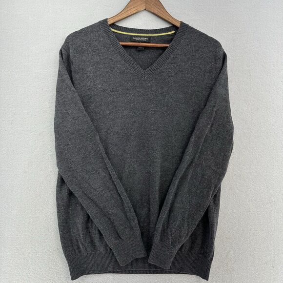 Banana Republic 100% Extra Fine Merino‎ Wool V Neck Sweater Gray Men’s L Preppy - Picture 1 of 7